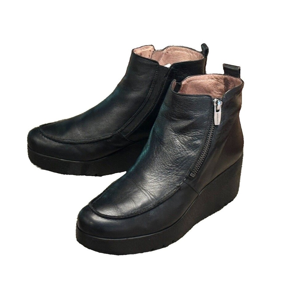 Wonders Fly Ankle Zip Booties Black Soft Leather Wedge Womens Size 9.5 / 40